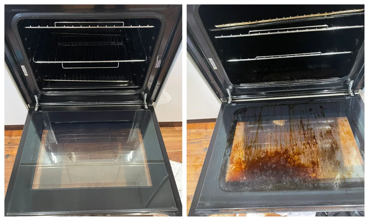 Oven deep clean before and after — grease and carbon removed
